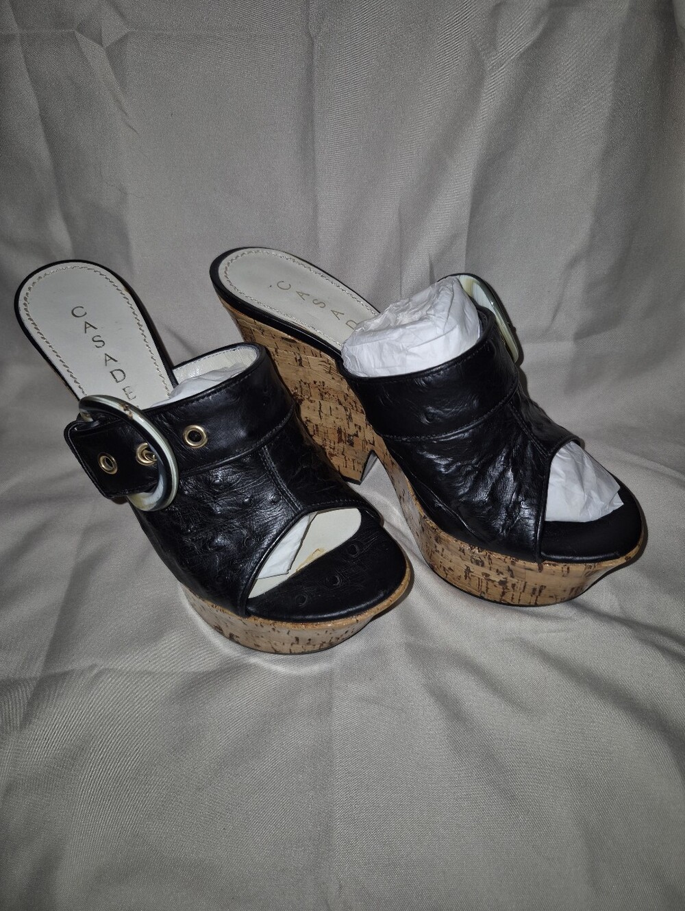 Casadei Black Leather Cork Wedge Mules